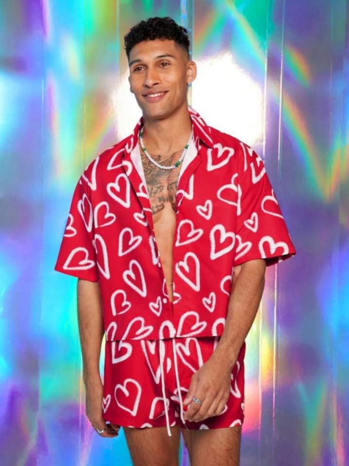 NIGHT-RIDER Men's Digital Love Print Loose Woven Shirt & Short Set